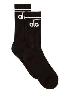 ALO Yoga Black Crew Socks with White Logo Stripes